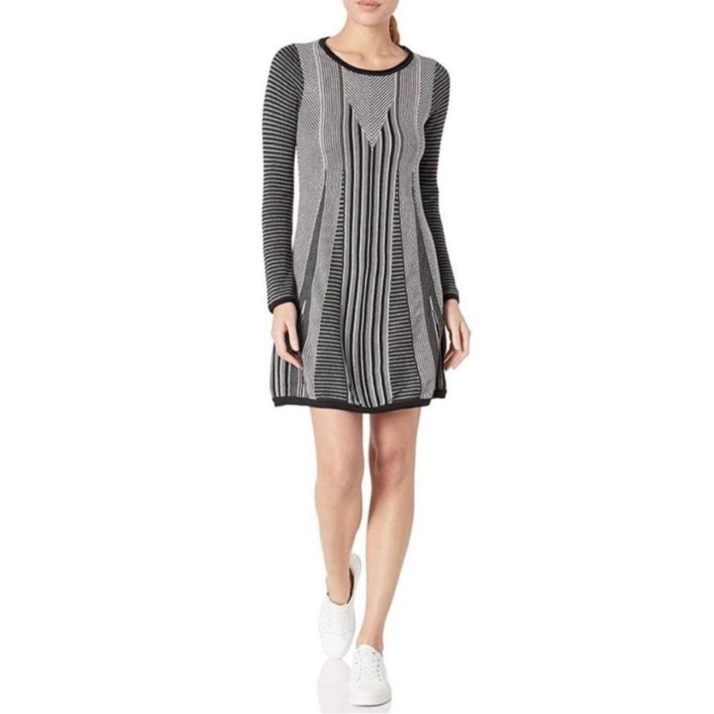 Prana Whitley XS Knit Sweater Dress Grey Black Cotton Blend  Long Sleeve stripes